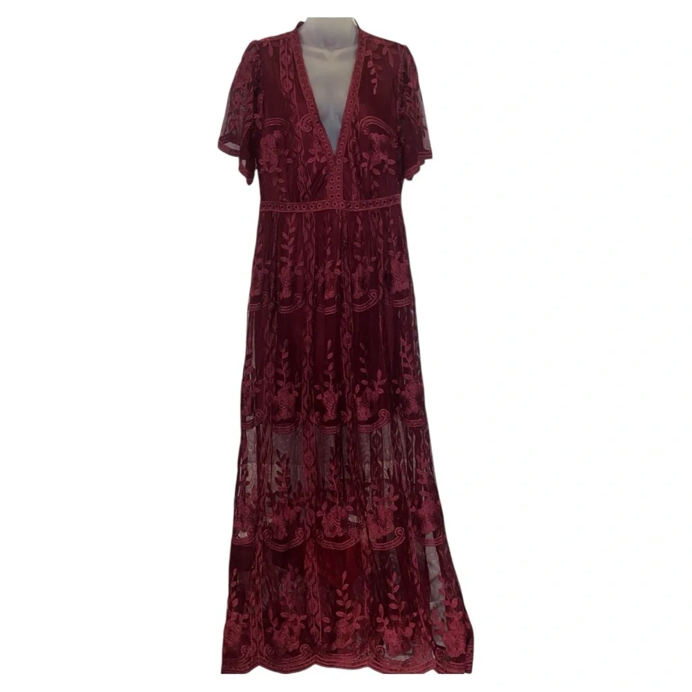 BELLA ELLA BOUTIQUE XL Light My Fire Deep V Neck Lace Wine Maxi Dress - Picture 1 of 16